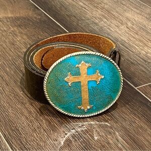 Cross turquoise genuine leather women’s belt rhinestone gold cross size 34
